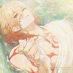  1boy arm_tattoo blonde_hair braid chest_tattoo commentary_request facial_tattoo floating gradient_hair hair_between_eyes honkai:_star_rail honkai_(series) male_focus medium_hair miwawa multicolored_hair mydei_(honkai:_star_rail) parted_lips partially_submerged red_hair red_tattoo robe side_braid solo tattoo watermark wet wet_clothes wet_hair white_robe yellow_eyes 