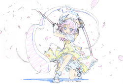  1girl arm_behind_head ascot bloomers blue_eyes circle_skirt collared_shirt commentary_request dated determined dot_nose dual_wielding fighting_stance floating_clothes floating_hair frilled_skirt frilled_socks frills full_body furrowed_brow ghost graphite_(medium) green_skirt green_vest hair_ribbon hairband highres hitodama_print holding holding_sword holding_weapon katana konpaku_youmu konpaku_youmu_(ghost) limited_palette mary_janes medium_skirt on_one_knee open_mouth petals pink_ascot pink_hair pleated_skirt puffy_short_sleeves puffy_sleeves ribbon scabbard shadow sheath shirt shiwasu_takashi shoes short_hair short_sleeves signature simple_background skirt skirt_set socks solo sparkle sword tareme teeth touhou traditional_media underwear upper_teeth_only vest wakizashi weapon white_background white_bloomers white_hairband white_ribbon white_shirt white_shoes white_socks 