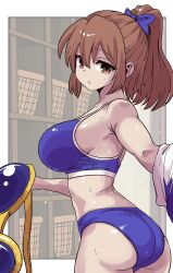  1girl arle_nadja armpits ass basket blue_bow blue_panties blue_sports_bra bow breasts brown_eyes brown_hair highres large_breasts looking_at_viewer outside_border panties ponytail puyopuyo shelf sports_bra thighs unagiman underwear undressing unworn_clothes 