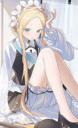  1girl abigail_williams_(fate) abigail_williams_(festival_outfit)_(fate) absurdres blonde_hair bloomers blue_eyes blush fate/grand_order fate_(series) flat_chest forehead highres honey long_hair looking_at_viewer maid miyu10366 parted_lips sash sidelocks sitting solo spill tearing_up underwear 