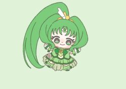  1girl absurdly_long_hair anklet bag_bow boots bow bowtie brooch chibi circlet closed_mouth cure_march dot_nose eyelashes footwear_ribbon frilled_sleeves frills gold_tiara green_background green_bow green_bowtie green_eyes green_hair green_ribbon green_shirt green_skirt green_theme hair_ornament high_ponytail ichigo_usuhana jewelry light_blush long_hair magical_girl midorikawa_nao miniskirt outstretched_arms pink_bow pleated_skirt ponytail precure ribbon shirt short_sleeves simple_background single_stripe skirt skirt_set smile smile_precure! solo striped_bow tareme tiara train_(clothing) very_long_hair waist_bag white_arm_warmers white_bag white_boots white_sleeves wing_hair_ornament 