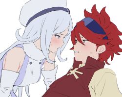  aila_jyrkiainen bare_shoulders blue_eyes blush collared_shirt elbow_gloves gloves gundam gundam_build_fighters hat headband long_hair looking_at_another mikazuchi_zeus red_hair red_vest reiji_(gundam_bf) shirt short_hair vest white_background white_hair white_headwear yellow_eyes yellow_shirt 