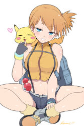  1girl ;d ^_^ asymmetrical_hair bare_arms blue_eyes blue_shorts blush blush_stickers border breasts closed_eyes crop_top denim denim_shorts fingerless_gloves gen_1_pokemon gloves gym_leader hair_tie heart highres holding holding_poke_ball holding_pokemon kasai_shin medium_breasts midriff misty_(pokemon) navel nintendo one_eye_closed open_mouth orange_hair pikachu poke_ball poke_ball_(basic) pokemon pokemon:_the_electric_tale_of_pikachu pokemon_(creature) ponytail shirt short_shorts shorts side_ponytail sleeveless sleeveless_shirt smile suspender_shorts suspenders yellow_shirt |_| ||_|| 