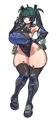  1girl absurdres alternate_costume android armor armpits bare_shoulders battery black_choker black_gloves black_one-piece_swimsuit black_shoes black_thighhighs blunt_bangs braid breastplate breasts choker collarbone competition_swimsuit covered_navel curvy elbow_gloves fingerless_gloves full_body gloves green_eyes green_hair hair_ornament hair_ribbon hand_on_own_hip hand_up highres huge_breasts knee_pads long_hair mold_(pixiv6616319) one-piece_swimsuit open_mouth police police_badge police_uniform policewoman pouch qingyi_(zenless_zone_zero) ribbon shoes simple_background sneakers solo sphere_hair_ornament swimsuit thick_thighs thighhighs thighs twin_braids twintails unconventional_police_uniform white_background wide_hips zenless_zone_zero 