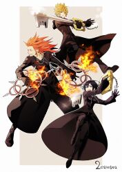  1girl 2boys axel_(kingdom_hearts) black_boots black_hair black_pants black_robe blonde_hair boots border closed_mouth dated dual_wielding fighting_stance fire frown furrowed_brow grey_background grin hair_between_eyes hair_slicked_back highres holding holding_weapon hood hood_down hooded_robe keyblade kingdom_hearts kingdom_hearts_358/2_days medium_hair multiple_boys o_yaszzzzz open_mouth pants red_hair robe roxas short_hair shuriken sideburns smile spiked_hair teeth weapon white_border xion_(kingdom_hearts) 
