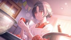  1girl black_hair bowl ceiling_light curtains flag floral_print food game_cg gloves holding idolmaster idolmaster_shiny_colors japanese_clothes japanese_text kimono morino_rinze official_art red_eyes solo sparkle  rating:General score:1 user:shamga