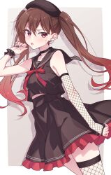  1girl alternate_costume beret black_hat black_sailor_collar bocchi_the_rock! breasts brown_eyes brown_hair e20 hat highres long_hair ootsuki_yoyoko open_mouth sailor_collar simple_background small_breasts solo thighs twintails 
