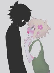  2boys antenna_hair basil_(faraway)_(omori) basil_(omori) black_shirt black_skin blonde_hair blue_eyes blush collared_shirt colored_skin crying crying_with_eyes_open dual_persona flower green_sweater_vest grey_background hair_flower hair_ornament height_difference highres looking_at_another male_focus multiple_boys omori open_mouth saji_neko shirt short_hair short_sleeves simple_background stranger_(omori) sweater_vest tears white_eyes white_shirt 
