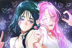  2girls alien_stage artist_name black_hair blush breasts casdela1 choker choppy_bangs cleavage closed_eyes closed_mouth commentary english_commentary eyelashes glasses hair_over_shoulder hair_tied_together hands_up heart highres holding_hands long_hair mizi_(alien_stage) multiple_girls nose_blush open_mouth pink_hair planet portrait purple_eyes round_eyewear shirt short_sleeves smile sparkle star_(sky) starry_sky_background sua_(alien_stage) tank_top teeth upper_teeth_only white_choker white_shirt white_tank_top yuri 