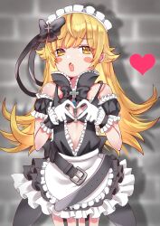  1girl absurdres apple_tea_(mellonnicola) bikini black_bikini blonde_hair blush_stickers four-finger_heart_hands heart heart_hands highres looking_at_viewer maid_headdress monogatari_(series) open_mouth oshino_shinobu oshino_shinobu_(maidmade) solo swimsuit yellow_eyes 