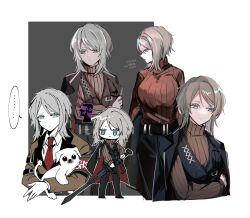  1girl 779_nnk animal blue_eyes breasts chibi dialogue_box e.g.o_(project_moon) expressionless faust_(project_moon) grey_background grey_hair highres holding holding_animal jacket large_breasts lobotomy_corporation lobotomy_corporation_(identity)_(project_moon) multiple_views necktie ppodae project_moon simple_background straitjacket sweater sword weapon white_background 