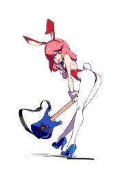  1girl animal_ears cosplay cuffs fake_animal_ears female_focus flcl gyosone haruhara_haruko haruhara_haruko_(cosplay) high_heels jakuzure_nonon kill_la_kill leotard pantyhose playboy_bunny rabbit_ears rabbit_tail shintani_mayumi simple_background solo tail tongue tongue_out voice_actor_connection 