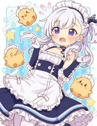  1girl apron azur_lane blue_dress blush braid dress flat_chest gloves little_bel_(azur_lane) long_hair maid_headdress manjuu_(azur_lane) one_side_up onyhakase open_mouth pantyhose purple_eyes white_gloves white_hair white_pantyhose 