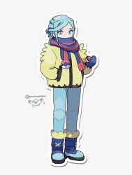  1boy blue_boots blue_eyes blue_hair blue_mittens blue_scarf boots cetoddle eneko_(olavcnkrpucl16a) eyelashes grusha_(pokemon) hand_in_pocket highres holding holding_poke_ball jacket looking_at_viewer male_focus mittens nintendo outline pants poke_ball poke_ball_(basic) poke_ball_print pokemon pokemon_sv scarf scarf_over_mouth standing striped_clothes striped_scarf yellow_jacket 