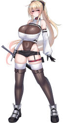  1girl absurdres black_gloves black_leotard blonde_hair boots breasts cleavage_cutout clothing_cutout covered_navel detached_sleeves gloves hair_between_eyes highleg highleg_leotard highres huge_breasts kubiwa_(kutan) kutan leotard leotard_under_clothes long_hair looking_at_viewer micro_shorts original ponytail red_eyes ribbed_sweater shorts solo sweater sword thigh_boots thighhighs thighhighs_under_boots weapon white_background white_thighhighs 