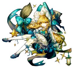  1girl black_shoes black_vest blonde_hair bow braid broom broom_riding crescent crescent_pin green_bow green_ribbon hat hat_ornament kirisame_marisa lantern long_hair mary_janes ribbon sanuo shoes simple_background single_braid socks solo star_(symbol) star_hat_ornament touhou vest white_background white_socks witch_hat 