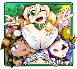 4girls :3 ;d ancient_egyptian animal_ears armor bastet_(p&amp;d) black_hair blonde_hair blush breasts cat_ears cat_hair_ornament cleavage cramped dark-skinned_female dark_skin double_bun double_v fingerless_gloves fourth_wall freyja_(p&amp;d) gloves green_eyes hair_bun hair_ornament haku_(p&amp;d) hat headpiece huge_breasts japanese_armor jewelry long_hair multicolored_hair multiple_girls necklace one_eye_closed open_mouth purple_hair puzzle_&amp;_dragons red_eyes shoulder_armor smile sode tokkyuu_mikan two-tone_hair v white_hair yellow_eyes yomi_(p&amp;d) rating:Sensitive score:19 user:danbooru