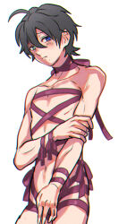  1boy ahoge averting_eyes biceps black_hair blue_eyes blush chromatic_aberration collarbone commentary_request covering_crotch covering_privates cowboy_shot deltoids ear_blush embarrassed film_grain frown green_eyes gyozaz hair_between_eyes heterochromia hip_dips holding_own_arm hypnosis_mic linea_alba male_focus mole mole_under_eye mole_under_mouth multiple_moles naked_ribbon narrowed_eyes navel nipple_slip nipples pale_skin raised_inner_eyebrows ribbon short_hair simple_background skinny solo white_background wrist_ribbon yamada_saburo 