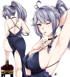 1girl ahoge arm_behind_head arm_up armpits ass back backless_dress backless_outfit bad_id bad_pixiv_id bare_arms bare_legs black_bow black_choker black_panties blue_dress bow braid breasts cameltoe choker cleavage clothes_lift collarbone crossed_bangs dress dress_lift finger_to_mouth from_behind granblue_fantasy hair_between_eyes hair_bow hair_tie half-closed_eyes high_heels high_ponytail highres kneepits large_breasts leg_up long_hair looking_at_viewer multiple_views no_bra one_eye_closed panties pantylines parted_lips ponytail signature silva_(gentian_blue)_(granblue_fantasy) silva_(granblue_fantasy) silver_hair simple_background sleeveless sleeveless_dress standing stool twin_braids underwear white_background xter yellow_eyes rating:Sensitive score:185 user:danbooru