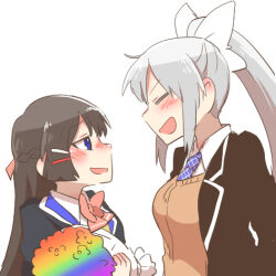  2girls black_hair black_jacket blazer blue_eyes blush_stickers bouquet bow braid brown_cardigan cardigan chibi closed_eyes collared_shirt facing_another flower from_side grey_hair hair_between_eyes hair_bow hair_ornament hairclip higuchi_kaede higuchi_kaede_(1st_costume) holding holding_bouquet jacket long_hair looking_at_another lowres multiple_girls necktie nijisanji open_clothes open_jacket pink_bow ponytail profile purple_necktie rainbow_gradient rebecca_(keinelove) shirt simple_background tsukino_mito tsukino_mito_(1st_costume) very_long_hair virtual_youtuber white_background white_bow white_shirt 
