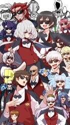  6+boys 6+girls arknights bald blonde_hair blue_hair bow bowtie brown_hair character_request clenched_teeth commentary_request copyright_request cosplay doctor_(arknights) go_takeo gojou_satoru highres hoshikawa_lily idolmaster jacket jacket_on_shoulders jujutsu_kaisen konno_junko long_hair looking_at_viewer love_live! love_live!_nijigasaki_high_school_idol_club minamoto_sakura mizuno_ai multicolored_hair multiple_boys multiple_girls open_mouth producer_(idolmaster) purple_hair short_hair smile sunglasses takasaki_yu tatsumi_koutarou tatsumi_koutarou_(cosplay) teeth umamusume yonedatomo_mizu zombie_land_saga 
