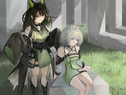  2girls absurdres arknights arms_behind_back bare_legs bare_shoulders black_coat black_hair boots breasts clothes_pull coat day dddys dress expressionless gradient_hair green_dress green_eyes green_hair hair_over_one_eye hands_up highres jacket jacket_pull kal&#039;tsit_(arknights) long_hair looking_at_another looking_at_viewer medium_breasts medium_hair mon3tr_(arknights) multicolored_hair multiple_girls open_clothes open_coat outdoors sitting small_breasts standing thighs w_arms white_coat wide_sleeves 