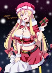 1girl belt blonde_hair blush breasts capelet choker christmas christmas_present cleavage gap_(touhou) gift hair_ribbon hat highres holding holding_gift holding_sack kyoukyan large_breasts long_hair merry_christmas one_eye_closed open_mouth purple_eyes red_skirt ribbon sack santa_costume santa_hat skirt smile snowflakes snowing solo touhou very_long_hair yakumo_yukari 