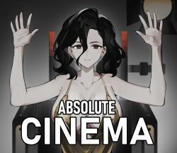  1girl absolute_cinema_(meme) arms_up bare_arms bare_shoulders black_hair breasts brown_eyes cleavage dress earrings floodlights grey_background hair_between_eyes hands_up highres image_macro_(meme) jewelry large_breasts looking_at_viewer meme noire_(reverse:1999) plunging_neckline quanx70909457 reverse:1999 short_hair sideboob solo spaghetti_strap stud_earrings upper_body wheelchair yellow_dress 