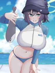  1girl absurdres animal ardinassau bikini bikini_bottom_only blue_archive blue_bikini blue_jacket blush breasts bucket_hat fish green_eyes green_halo hair_between_eyes halo hat highres holding holding_animal holding_fish jacket large_breasts looking_at_viewer multicolored_jacket navel ocean official_alternate_costume purple_hair raglan_sleeves sacabambaspis saki_(blue_archive) saki_(swimsuit)_(blue_archive) short_hair smile solo swimsuit thighs two-tone_jacket white_jacket 