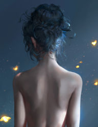 1girl absurdres back back_focus bare_back blue_hair facing_away from_behind hair_bun highres median_furrow nixeu nude original shoulder_blades sidelighting single_hair_bun solo upper_body rating:Sensitive score:24 user:GWARP