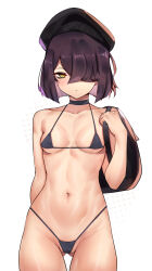  1girl absurdres alternate_costume backpack bag bags_under_eyes bikini black_bikini black_hat breasts choker deccatezu fate/grand_order fate_(series) gluteal_fold hat highres micro_bikini mole navel partially_visible_vulva short_bangs short_hair sideboob small_breasts solo stomach swimsuit thighs underboob xu_fu_(fate) yellow_eyes  rating:Questionable score:11 user:danbooru