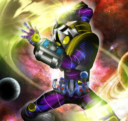  1boy armor artist_request bodysuit clenched_hand compound_eyes cowboy_shot fourze_driver fusion_switch galaxy kamen_rider kamen_rider_fourze kamen_rider_fourze_(meteor_fusionstates) kamen_rider_fourze_(series) kamen_rider_fourze_the_movie:_everyone!_let&#039;s_feel_the_universe! meteor_galaxy meteor_switch open_hand purple_bodysuit saturn_(planet) space standing yellow_armor yellow_eyes 