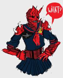 2boys armor armor_under_clothes atomicpowered crossdressing english_text hands_on_own_hips kamen_rider kamen_rider_den-o_(series) kill_la_kill male_focus momotaros monster monster_boy multiple_boys oni red_armor sailor_uniform school_uniform seki_toshihiko senketsu skirt voice_actor_connection