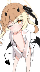  1girl absurdres blonde_hair blue_archive blush bottomless bow breasts brown_eyes brown_hair collarbone collared_shirt demon_girl demon_horns demon_tail demon_wings dress_shirt hair_between_eyes hair_ornament heart highres horns ibuki_(blue_archive) jacket loli long_hair long_sleeves looking_at_viewer moepu. naked_shirt navel one_eye_closed open_clothes open_mouth open_shirt shirt simple_background sleeves_past_wrists small_breasts solo tail twintails white_background white_shirt wings 