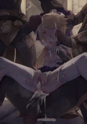  2girls 3boys absurdres after_anal after_ejaculation after_vaginal aftersex arm_grab black_skin blonde_hair breasts colored_skin cum cum_in_ass cum_in_mouth cum_in_pussy cum_on_body cum_on_breasts cum_on_hair cum_on_tongue cum_on_upper_body cumdrip erection eyepatch fischl_(ein_immernachtstraum)_(genshin_impact) fischl_(genshin_impact) flaccid gangbang genshin_impact grabbing_another&#039;s_breast groping group_sex gueya hetero highres hilichurl_(genshin_impact) interspecies long_hair multiple_boys multiple_girls multiple_penises nipples one_eye_covered open_mouth paimon_(genshin_impact) penis penis_on_face pussy red_eyes restrained small_breasts solo_focus thighhighs tongue tongue_out torn_clothes uncensored white_hair white_thighhighs 