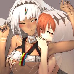 2girls altera_(fate) arm_up bare_arms bare_shoulders black_nails blush breasts choker clenched_hand closed_mouth clothed_female_nude_female collarbone couple dark-skinned_female dark_skin fate/grand_order fate_(series) female_focus fujimaru_ritsuka_(female) grabbing_another&#039;s_breast grabbing_from_behind grey_background groping half-closed_eyes hand_up hug hug_from_behind i-pan interracial kiss kissing_back looking_at_another looking_at_viewer multiple_girls nail_polish nipple_stimulation nipple_tweak nude one_eye_closed orange_eyes orange_hair red_eyes revealing_clothes see-through_clothes short_hair side_ponytail simple_background small_breasts strapless tube_top type-moon upper_body veil white_choker white_hair wince yuri rating:Questionable score:51 user:danbooru