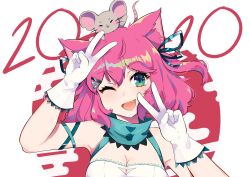  1girl animal_ears anime_onegai cat_ears double_v fang highres nyami_g pink_hair tagme v 