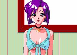  1girl animahjong animahjong_x animated animated_gif blue_panties blush bouncing_breasts breasts breasts_apart choker cleavage collar cutscene facing_viewer female_focus front-tie_top gainaxing indoors jewelry lace lace-trimmed_panties lace_trim looking_at_viewer lowres medium_breasts miyabi_(animahjong) miyabi_(animahjong_x) nakajima_atsuko necklace nipples no_bra panties pc-98_(style) pc98 pixel_art purple_hair red_eyes retro_artstyle short_hair shy sogna solo standing talking topless_female underboob underwear undressing untying video_game_screencap  rating:Questionable score:266 user:danbooru
