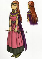  1girl absurdres armlet belt black_trim bracelet cape character_request choker circlet dragon_quest dragon_quest_viii dress earrings full_body gold_trim hair_slicked_back highres holding holding_wand jewelry long_hair multiple_views official_art orange_hair pink_dress purple_cape red_eyes reference_sheet scan scan_artifacts silver_armlet silver_choker silver_circlet solo third-party_source toriyama_akira wand white_background 