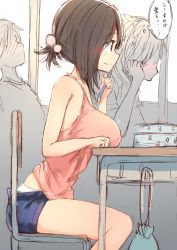 1girl bare_shoulders black_eyes black_hair blouse blush breast_rest breasts breasts_on_table chair desk from_side hair_bobbles hair_ornament highres indoors large_breasts low_ponytail panties panty_peek pencil pencil_to_face pink_shirt ponytail school_chair school_desk shirt short_shorts shorts silhouette sitting sketch smile solo_focus speech_bubble sune_(mugendai) tank_top thought_bubble underwear rating:Questionable score:65 user:danbooru