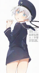  1girl black_dress black_sailor_collar blue_eyes clothes_writing commentary_request dress from_behind grey_hair hat kantai_collection looking_at_viewer looking_back microdress sailor_collar sailor_dress sailor_hat short_dress short_hair simple_background solo standing totoppo watermark white_background z1_leberecht_maass_(kancolle) 