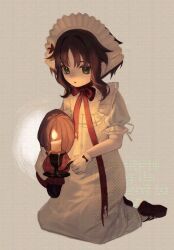  1girl :o black_shoes bow brown_hair candle candlelight candlestand chin_strap doll dress eagle_(reverse:1999) eagle_(the_sixth_sense)_(reverse:1999) frilled_hairband frills full_body gloves green_eyes grey_background hairband highres holding holding_candlestand holding_doll kneeling long_dress looking_at_viewer official_alternate_costume puffy_short_sleeves puffy_sleeves red_bow reverse:1999 shoes short_hair short_sleeves solo watermark white_dress white_gloves white_hairband xjsbca 
