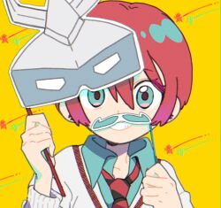  1girl amate_yuzuriha aqua_eyes challia_bull char_aznable dress_shirt gundam gundam_gquuuuuux highres long_image mizu_mo_gura necktie non-web_source red_hair red_necktie school_uniform shirt short_hair smile stick_poster striped_necktie sweater two-tone_necktie yellow_background 