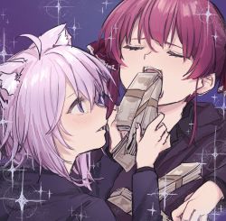 2girls ahoge alternate_costume animal_ears anze_nna black_shirt blush cat_ears collared_shirt commentary closed_eyes feeding formal_clothes hair_between_eyes hair_ribbon highres hololive houshou_marine jacket leaning_back light_purple_hair medium_hair money multiple_girls nekomata_okayu open_mouth profile purple_background purple_eyes purple_jacket red_hair red_ribbon ribbon shirt simple_background sparkle suit twintails upper_body virtual_youtuber rating:Sensitive score:4 user:danbooru