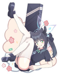  1girl absurdres animal_ear_fluff animal_ears arm_support ass black_dress black_hair black_ribbon black_shoes blue_archive blue_halo chinchilla_ears chinchilla_girl chinese_clothes commentary dot_nose dress flat_chest from_side green_eyes grin hair_ribbon halo highres leg_up legs_up loli long_hair looking_at_viewer mary_janes panatisia ribbon shoes short_sleeves shun_(blue_archive) shun_(small)_(blue_archive) smile solo thighhighs thighs twintails white_thighhighs zettai_ryouiki 