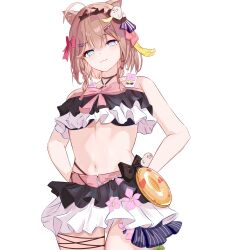  1girl :3 absurdres ahoge bare_shoulders bikini bikini_skirt black_bikini black_hairband blue_eyes blunt_bangs breasts brown_hair chinese_commentary commentary_request frilled_bikini frills green_eyes hairband heterochromia highres honkai_(series) honkai_impact_3rd looking_at_viewer medium_breasts navel official_alternate_costume pardofelis pardofelis_(midsummer_collector) qianying short_hair simple_background solo stomach swimsuit thighs white_background 