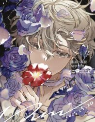 1boy alien_stage blonde_hair choker colored_eyelashes commentary dated flower hair_between_eyes holding holding_flower luka_(alien_stage) male_focus portrait purple_flower purple_rose red_flower ren-co rose short_hair signature solo watermark white_choker yellow_eyes 