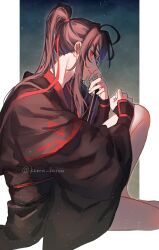  1boy ahoge bare_legs bite_mark black_hair black_hanfu brown_hair chinese_clothes closed_mouth dizi flute from_side hair_ribbon hand_on_own_knee hanfu hickey highres holding holding_flute holding_instrument implied_yaoi instrument knee_up koma_horen light_particles long_hair long_sleeves looking_at_viewer male_focus modao_zushi ponytail profile red_eyes red_ribbon ribbon robe sash sidelocks sitting sleeves_past_wrists smile solo transverse_flute twitter_username wei_wuxian wide_sleeves 