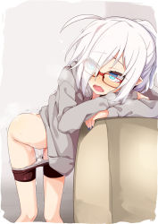 1girl aftersex ahoge ass bent_over bike_shorts blue_eyes blue_nails blush borrowed_character cum cum_in_clothes cum_in_panties cum_in_pussy cum_on_ass cum_on_body cum_on_lower_body cumdrip cumdrip_onto_panties female_focus glasses highres hood hoodie leaning_forward nail_polish nowareno_(azuma_shino) ogami_kazuki panties pointy_ears simple_background solo trembling underwear white_hair rating:Explicit score:184 user:DoctorWasabi