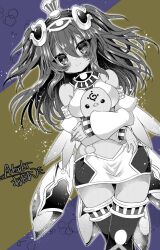  1girl animal artist_name bare_shoulders boots breasts emil_chronicle_online greyscale_with_colored_background hair_ornament holding holding_animal isis_(eco) large_breasts long_hair looking_at_viewer miniskirt satsuki_atan skirt thigh_boots two_side_up wings 
